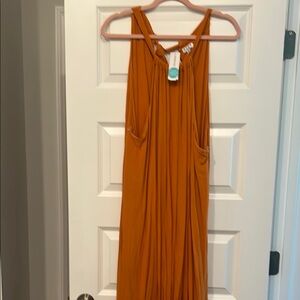 Burnt Flowing Orange Pleated Halter Maxi Sundress